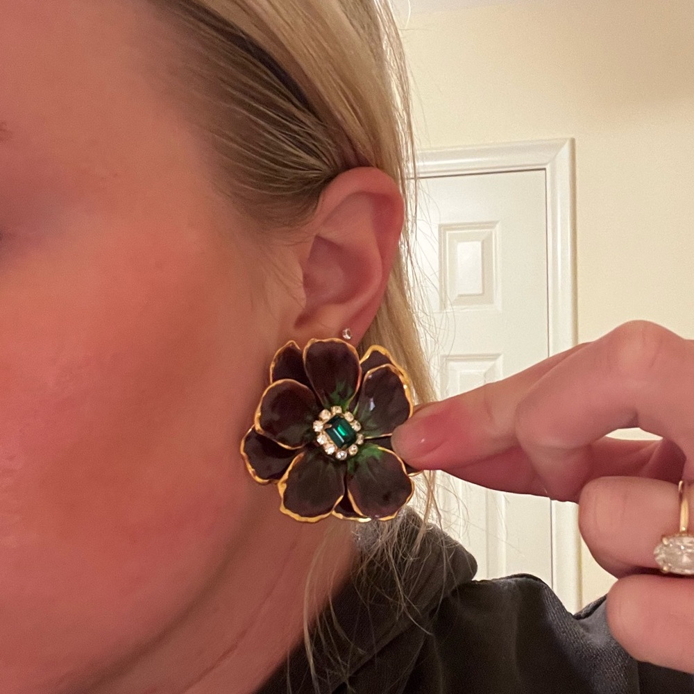 The Pink Reef Statement Floral Earrings with Gold Trim - Picture 2 of 3